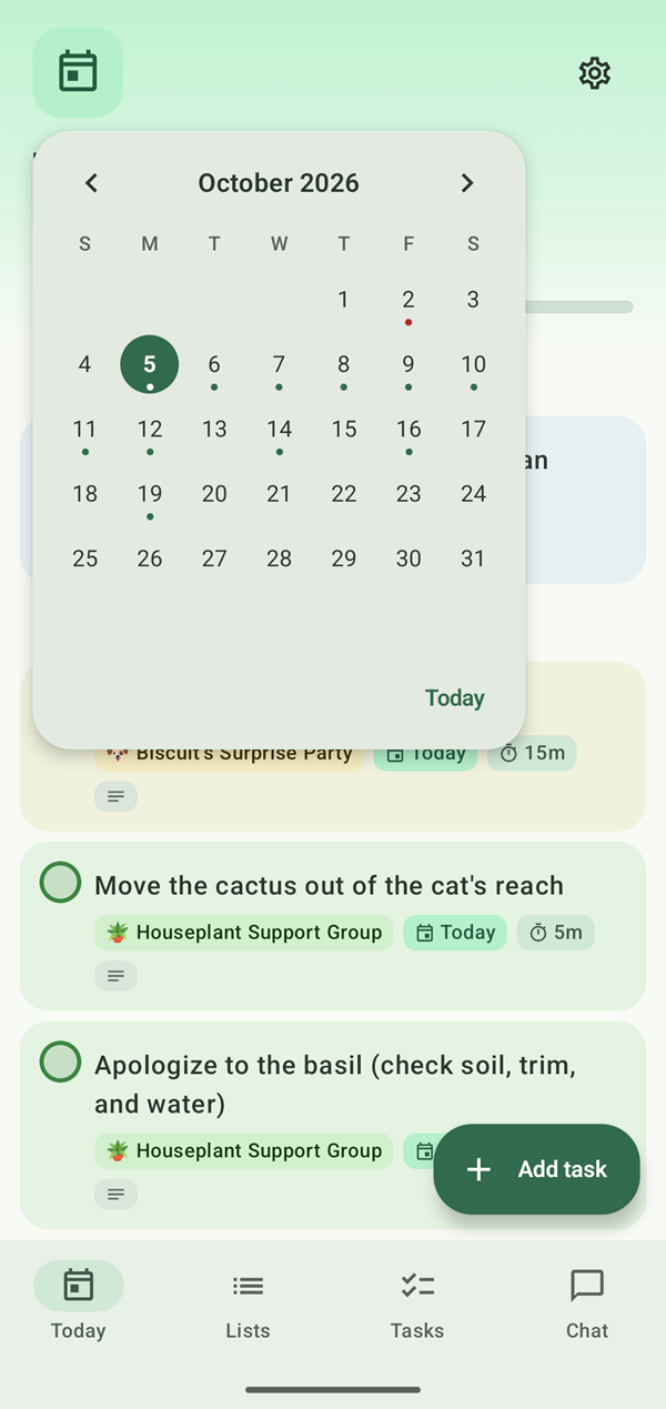 The month calendar with dots on days that have tasks, and a red dot on an overdue day.