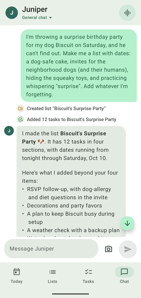 A chat with Juniper: a request to plan a surprise party for Biscuit the dog, and Juniper's reply after creating a list with 12 tasks.