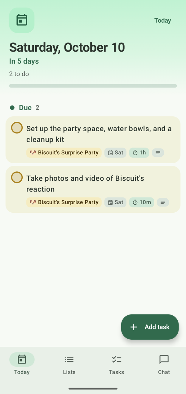 The page for Saturday, October 10: in 5 days, with two party tasks due.