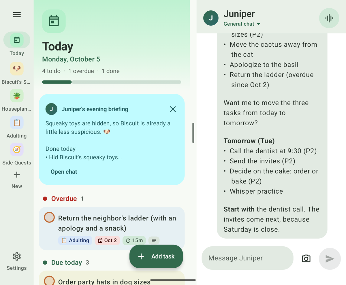 Tandem on a foldable's inner screen: Today with the evening briefing beside the chat with Juniper.