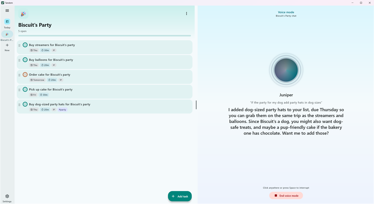 Voice mode on a PC: Juniper says it added dog-sized party hats to the list, and the new task appears beside it.