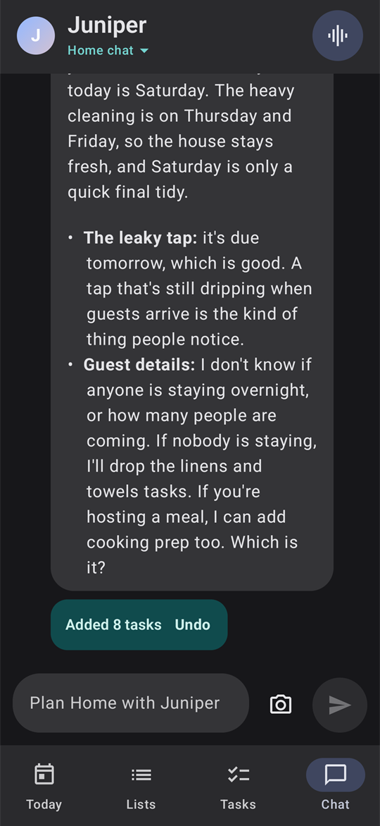 Juniper's reply explaining the plan and asking a follow-up question, with an Added 8 tasks chip and an Undo button.