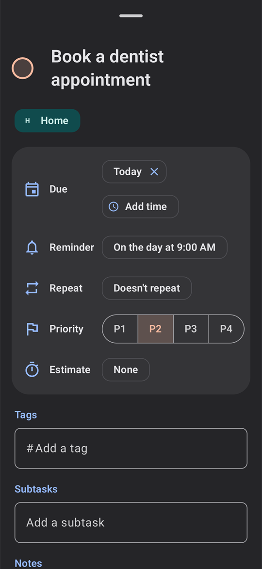 A task's editor with its list, due date, reminder, repeat, priority and estimate.