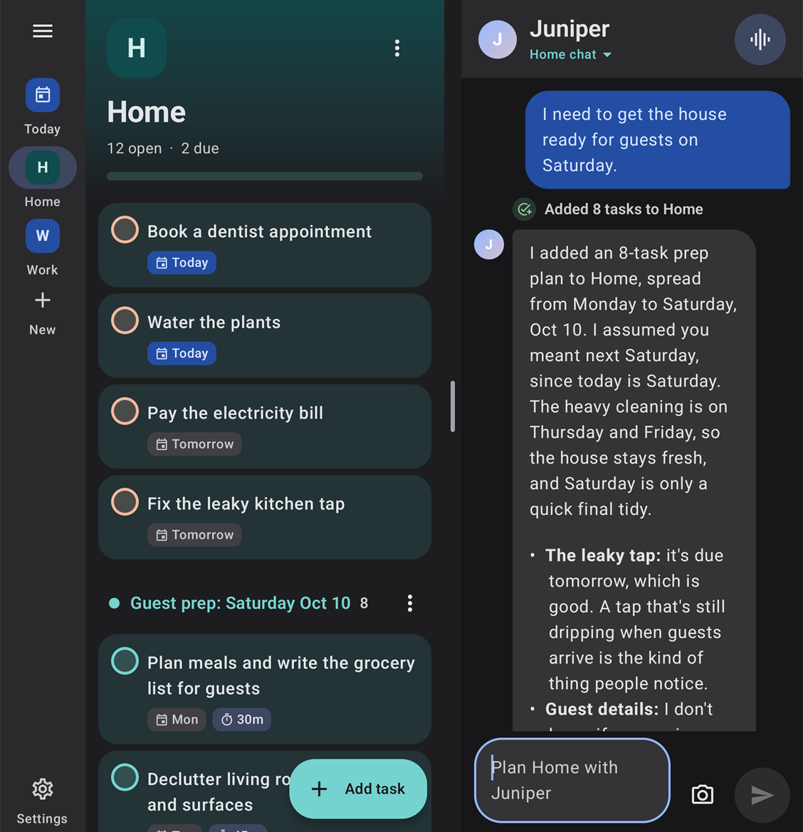Tandem on a foldable's inner screen: the Home list beside a chat where Juniper added an eight-task plan for getting the house ready for guests.