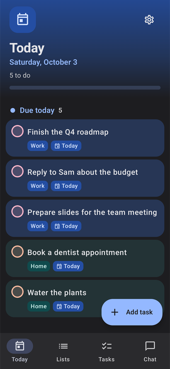 The Today page listing five tasks due today from the Work and Home lists.