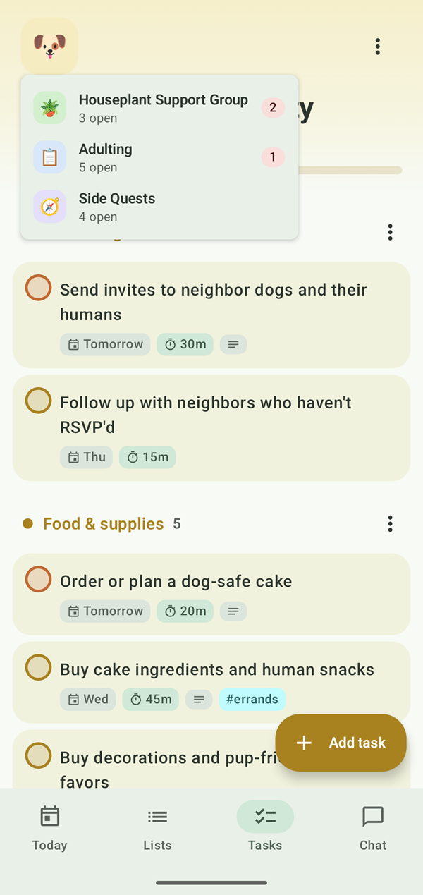 A list's icon tapped, showing a menu of the other lists with their open counts.