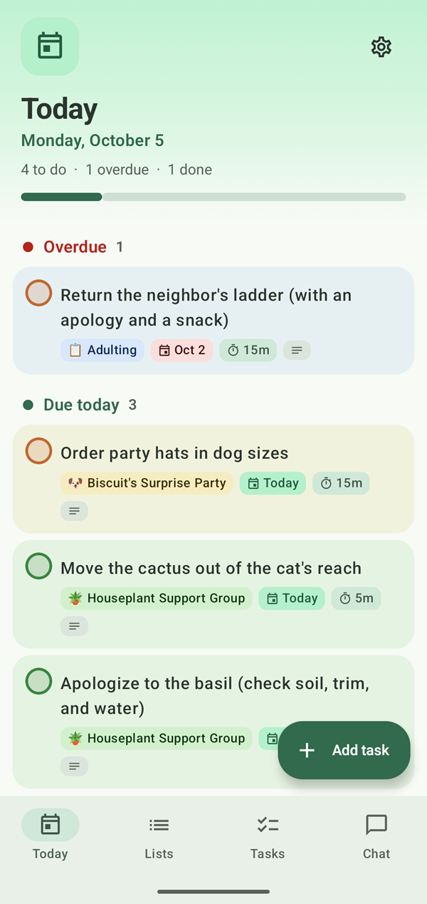 The Today page: one overdue task and three due today, from several lists.